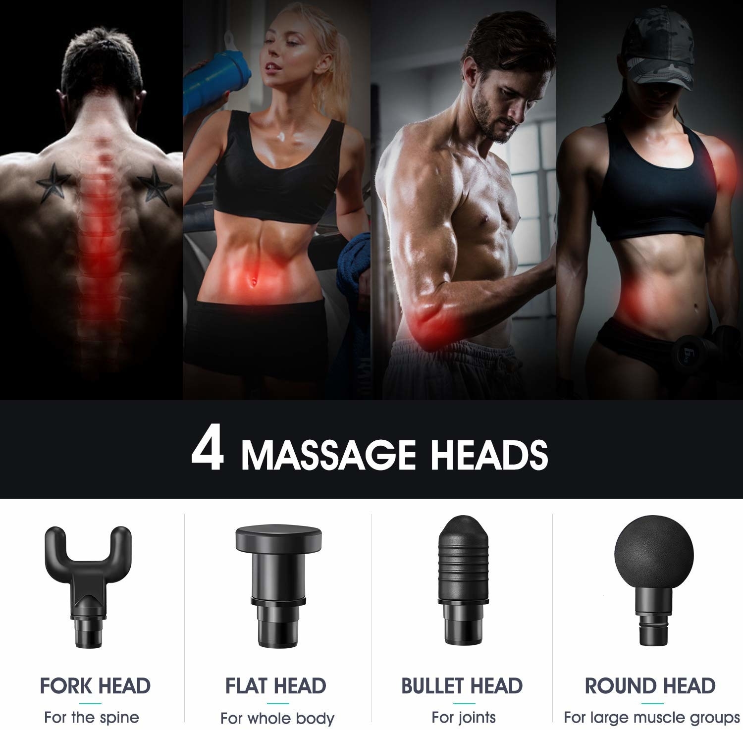 2500mAh 4 Head Professional Deep Tissue Massage Gun Electric Muscle Massage Gun Therapy Fascia Massage Pistol Neck Body Massager