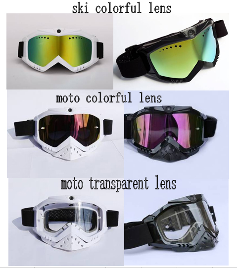 1080P  HD Camera with Ski-Sunglass Goggles with Black Double Anti-Fog Lens for Ski/Transparent Lens for Moto Battery Built-in