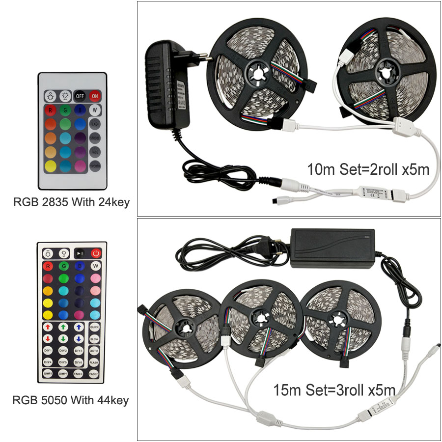 LED Strip Light RGB 5050 SMD 2835 Flexible Ribbon fita led light strip RGB 5M 10M 15M Tape Diode DC 12V+ Remote Control +Adapter LED Strip Light RGB 5050 SMD 2835 Flexible Ribbon fita led light strip RGB 5M 10M 15M Tape Diode DC 12V+ Remote Control +Adapter
